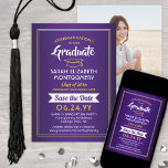 Reserva La Fecha 1 Graduación fotográfica Elegante morado y amarill<br><div class="desc">Comparte las alegres noticias de tu próxima fiesta de graduación, así como una foto favorita con estas elegantes invitaciones de citas en color morado, blanco y amarillo. La foto y todo el texto son simples para el personalizar. El diseño incluye caligrafía de escritura a mano, nombre de posgrado en tipografía...</div>