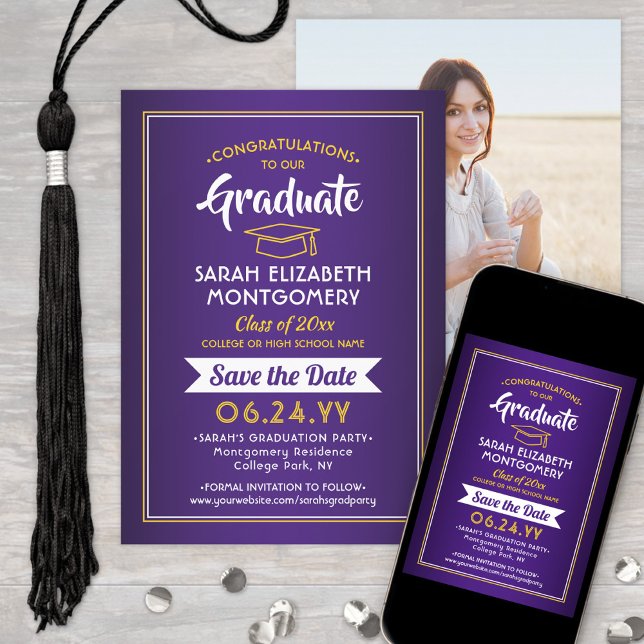 Reserva La Fecha 1 Graduación fotográfica Elegante morado y amarill (Subido por el creador)