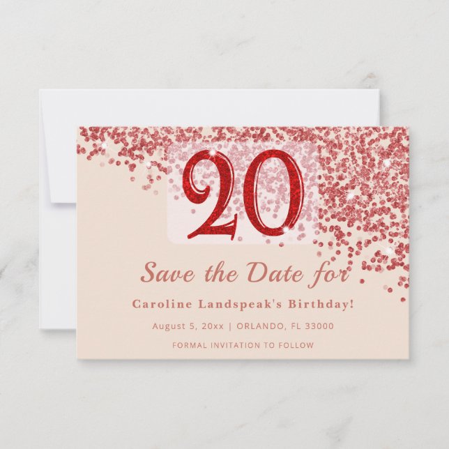 Reserva La Fecha 20º Cumpleaños con Glitter Rojo Rubí Champagne Sav (Anverso)