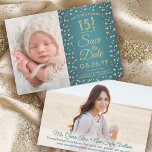 Reserva La Fecha 2 Foto Quinceanera Elegante Purpurina Verde azulad<br><div class="desc">¡El tiempo vuela! Invite a la familia y amigos a una elegante celebración de Quinceañera para ella con esta elegante 2 foto azul verde azulado y oro suave de 3.5"x5" ahorrando la invitación de la fecha. (PUNTO DE COLOCACIÓN DE IMÁGENES: Una manera fácil de centrar una foto exactamente como quieres...</div>