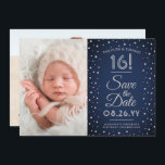 Reserva La Fecha 2 Photo Sweet 16 Birthday Chic Navy Blue Confetti<br><div class="desc">Invite family and friends to an upcoming Sweet 16th celebration for her or him with this stylish 2 photo navy blue, grey & faux silver 3.5x5" save the date invitation. (IMAGE PLACEMENT TIP: An easy way to center a photo exactly how you want is to crop it before uploading to...</div>