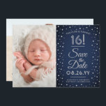 Reserva La Fecha 2 Photo Sweet 16 Birthday Chic Navy Blue Confetti<br><div class="desc">Invite family and friends to an upcoming Sweet 16th celebration for her or him with this stylish 2 photo navy blue, grey & faux silver 3.5x5" save the date invitation. (IMAGE PLACEMENT TIP: An easy way to center a photo exactly how you want is to crop it before uploading to...</div>