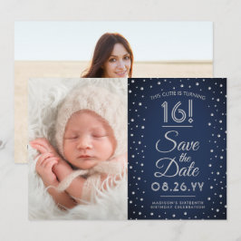 Reserva La Fecha 2 Photo Sweet 16 Birthday Chic Navy Blue Confetti