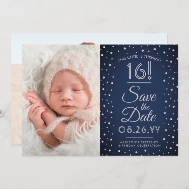 Reserva La Fecha 2 Photo Sweet 16 Birthday Chic Navy Blue Confetti (Anverso / Reverso)