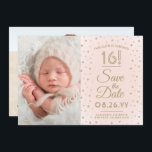 Reserva La Fecha 2 Photo Sweet 16 Cumpleaños Rubor Gold Save the Da<br><div class="desc">Invitar a la familia y amigos a una próxima celebración de la Sweet 16th para ella con esta elegante 2 foto rosa y oro de 3.5"x5", guardar la invitación de la fecha. (IMAGEN PLACEMENT TIP: Una manera fácil de centrar una foto exactamente como quieres es recortarla antes de subirla al...</div>