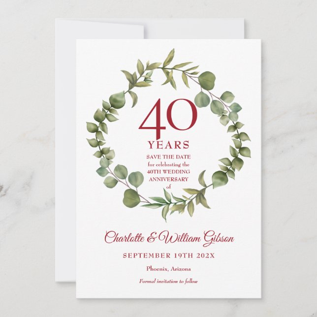 Reserva La Fecha 40º Aniversario de bodas Ruby Woodland Greenery (Anverso)