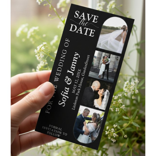 Reserva La Fecha 4 Photo Booth Style Wedding Save the Date Bookmark (4 Photo Booth Style Wedding Save the Date Bookmark – Fun Arch Black Design)