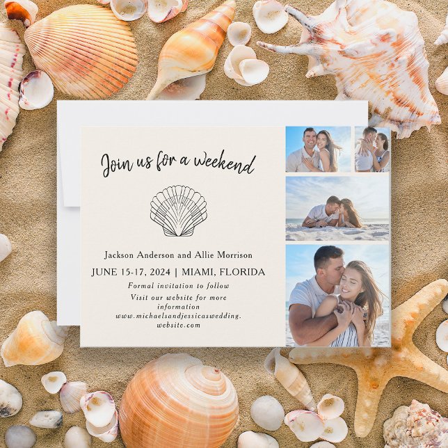Reserva La Fecha 4 Playa de Fotos Boda de Destino de Conchas Marina (4-photo beach wedding Save the Date card)