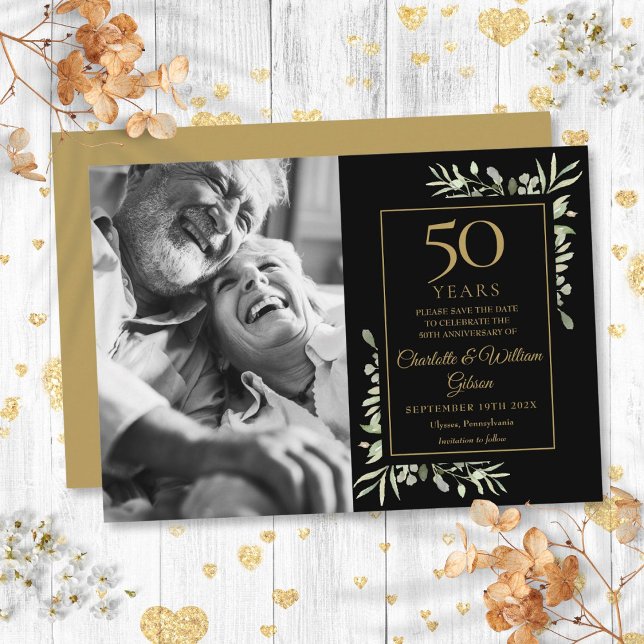 Reserva La Fecha 50.º aniversario Boda Greenery Black Gold Photo (50th Wedding Anniversary Greenery Black Gold Photo Save The Date)