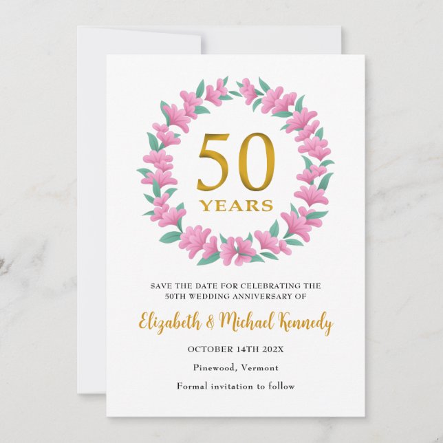 Reserva La Fecha 50.º Aniversario de Oro Guirnalda Floral Rosa (Anverso)