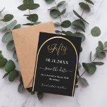 Reserva La Fecha 50.º arco de oro negro de cumpleaños<br><div class="desc">Una tarjeta Save the Date para una fiesta de cumpleaños número 50. Un fondo negro,  decorado con un falso arco dorado. Personalice y agregue una fecha y su nombre. El texto: Fifty y Save the Date está escrito con un gran guión de moda a mano.</div>