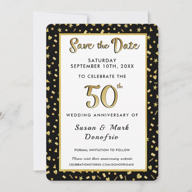 Reserva La Fecha 50° Aniversario de Oro Celebración Confetti Black (Anverso)