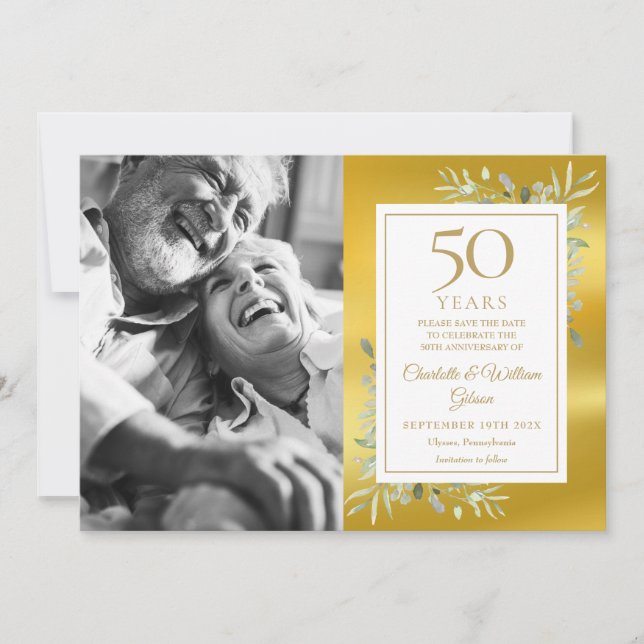 Reserva La Fecha 50° Aniversario del Boda Relieve metalizado dorado (Anverso)