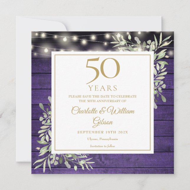Reserva La Fecha 50 Aniversario Floral Purple Wood Lights Square (Anverso)