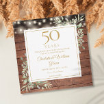 Reserva La Fecha 50 Aniversario Foliage Rústica Wood Lights Square<br><div class="desc">Con una delicada vegetación de color acuático y luces de cuerdas de bonito en un fondo de paneles de madera,  esta moda rústica ahorra la invitación de aniversario puede ser personalizada con su información especial de celebración de 50 años. Diseñado por Thisisnotme©</div>