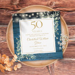 Reserva La Fecha 50 Aniversario Luces Rusticas de Madera Foliage Sq<br><div class="desc">Con una delicada vegetación de color acuático y luces de cuerdas de bonito en un fondo de paneles de madera azul,  esta moda rústica ahorra la invitación de aniversario puede ser personalizada con su información especial de celebración de 50 años. Diseñado por Thisisnotme©</div>