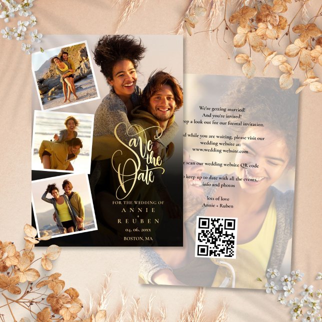 Reserva La Fecha 5 Collage de fotos Boda Gold Script Código QR (5 Photo Collage Wedding Gold Script QR Code Save The Date)