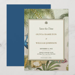 Reserva La Fecha 5 x 7 Boda de palo de pavo real tropical azul pavo