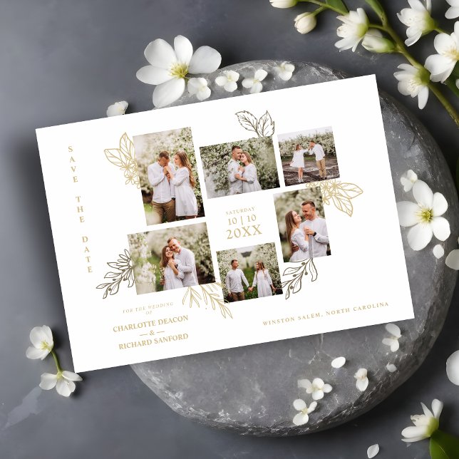 Reserva La Fecha 6 Photos Collage Wedding Botanical Branches Frame  (6 Photos Collage Wedding Botanical Branches Frame Save the Date Card with Envelope.)