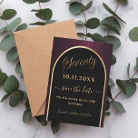 Reserva La Fecha 70.º arco de oro burdeos negro de cumpleaños<br><div class="desc">Una tarjeta Save the Date para una fiesta de cumpleaños número 70. Un fondo negro y burdeos, decorado con un arco dorado falso. Personalice y agregue una fecha y su nombre. El texto: Setenty y Save the Date se escribe con un gran guión de estilo a mano a la moda....</div>