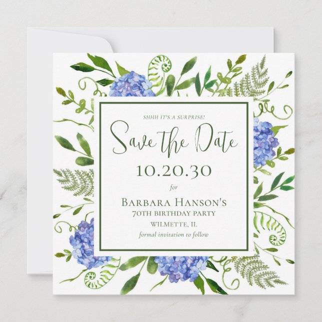 Reserva La Fecha 70.º Fiesta de sorpresa de Hydrangeas Azules (Anverso)