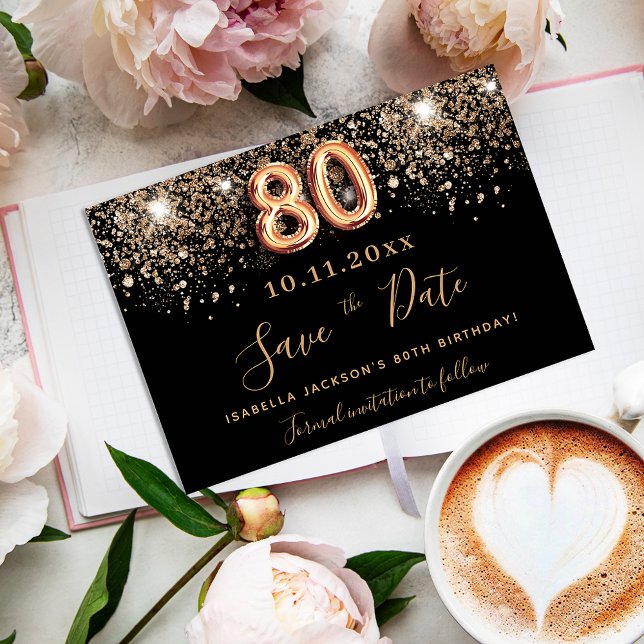 Reserva La Fecha 80th birthday black rose gold glitter sparkles (Subido por el creador)