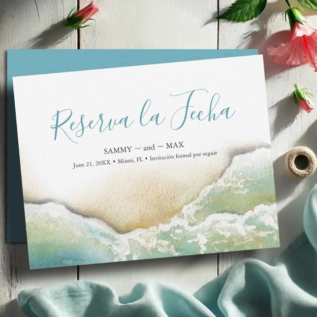 Reserva La Fecha Acuarela costera Guardar la fecha en español (Save the date in Spanish watercolor shoreline art by Victoria Grigaliunas Do Tell A Belle)