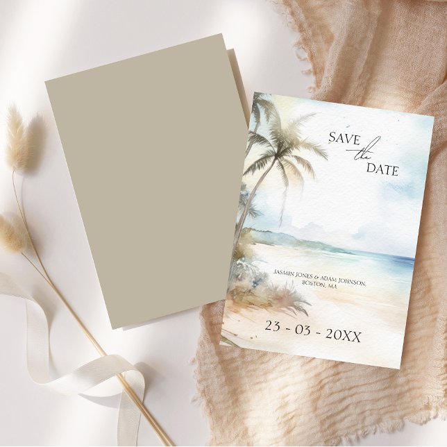 Reserva La Fecha Acuarela de palmera de playa tropical (Watercolor Tropical Beach Palm Trees Wedding Save The Date Card)