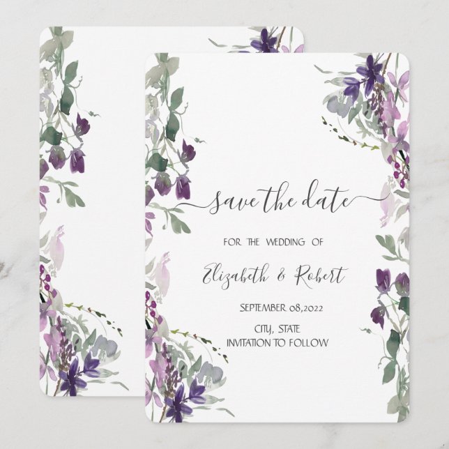 Reserva La Fecha Acuarela Flor Silvestre Violeta Salvar la Fecha (Anverso / Reverso)