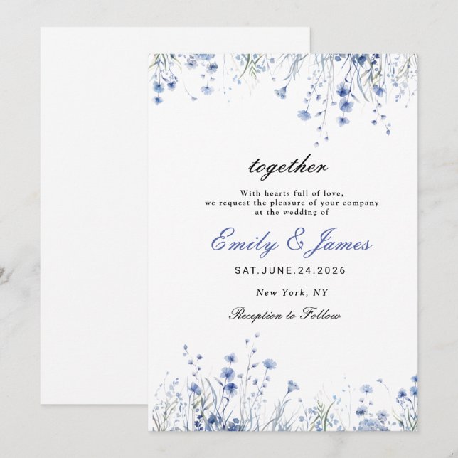 Reserva La Fecha acuarela Floral Dusty Azul boda simple (Anverso / Reverso)