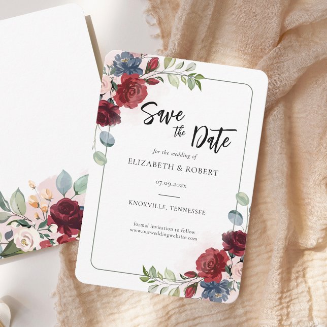 Reserva La Fecha Acuarela Floral Elegante Boda Moderna (Watercolor Floral Burgundy Script Save the Date Announcement)