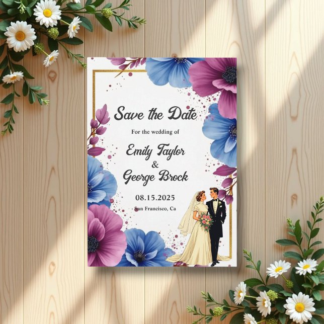 Reserva La Fecha Acuarela Flores Azules Moradas Elegante Boda (Subido por el creador)