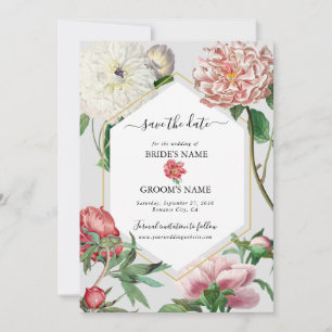 Reserva La Fecha Acuarela Flores Peonías Rosadas Blancas Boda