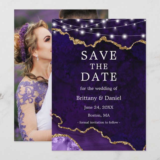 Reserva La Fecha Acuarela Marble Púrpura Agate Geode Luces Foto (Anverso / Reverso)