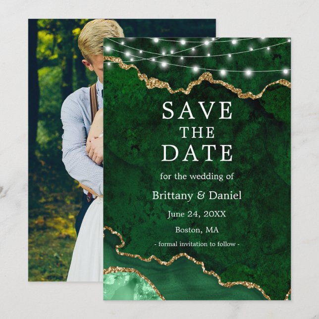 Reserva La Fecha Acuarela Marble Verde Agate Geode Luces Foto (Anverso / Reverso)