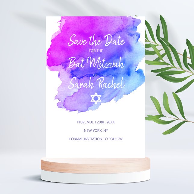 Reserva La Fecha Acuarela moderna Estrella azul púrpura MITZVAH (Subido por el creador)