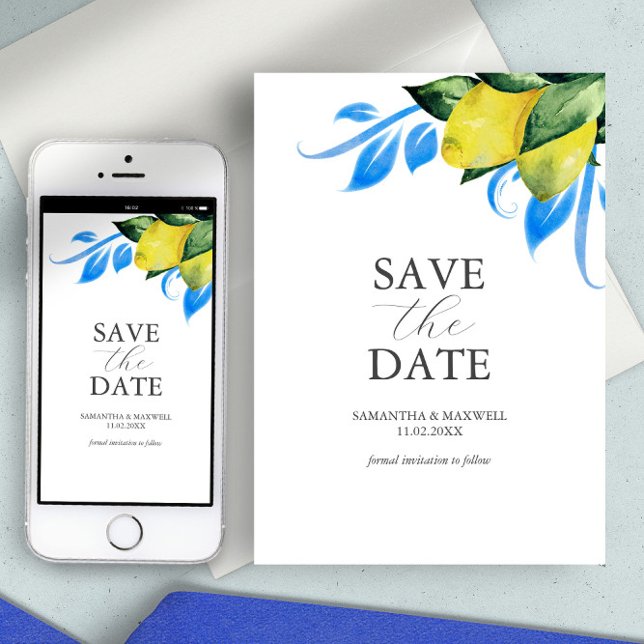 Reserva La Fecha Acuarela Moderna Limón Mediterráneo (save the date invitation Italian wedding watercolor lemons blue and yellow tuscan theme Greek)