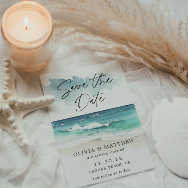 Reserva La Fecha Acuarela moderna Script Ocean Beach código QR (Subido por el creador)