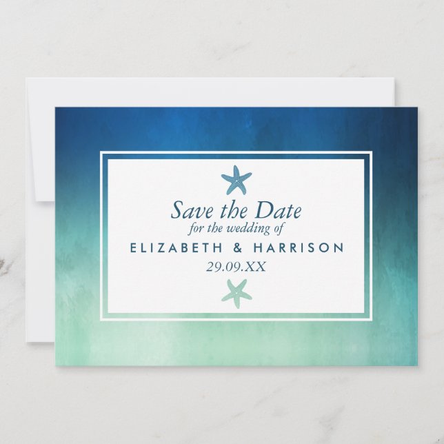 Reserva La Fecha Acuarela Ocean Starfish Beach Save the Date (Anverso)
