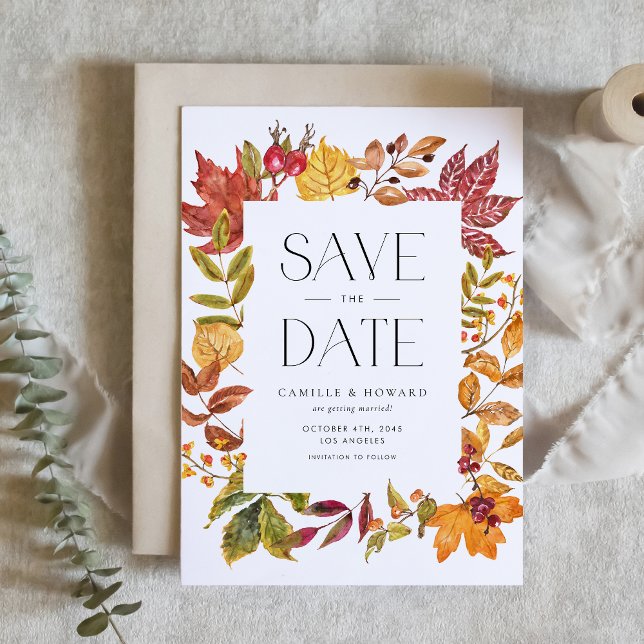 Reserva La Fecha Acuarela Otoño Sale Caída del Marco (Customizable Fall Save the Date Announcement Card with Autumn Foliage Frame)