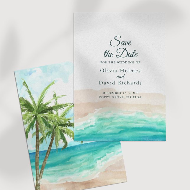 Reserva La Fecha Acuarela Playa tropical Salven la fecha (Watercolor Tropical Beach Save the Date on a white table.)
