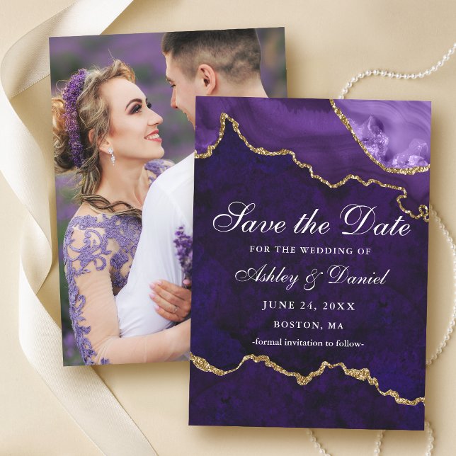 Reserva La Fecha Acuarela Purple Gold Agble Geode Photo (Customize to change text size or text style.)