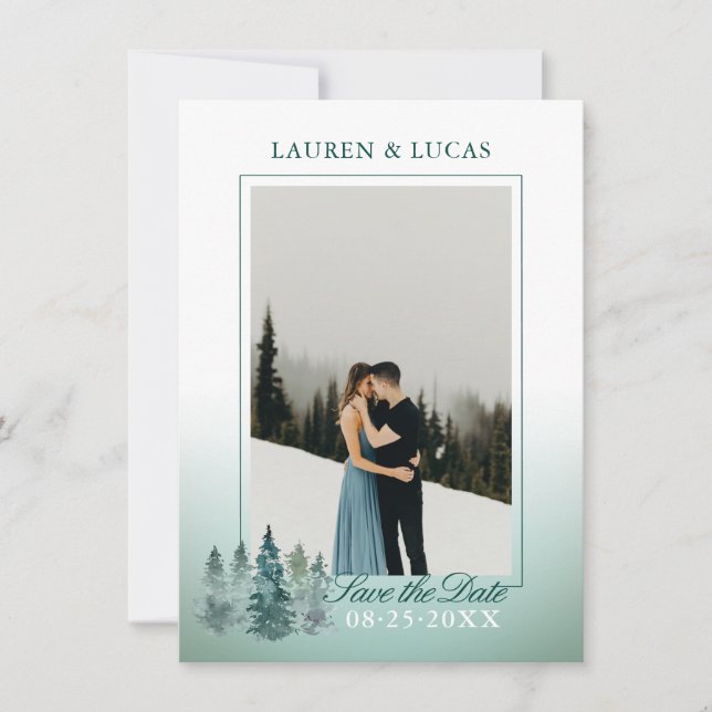 Reserva La Fecha Acuarela Rústica Pina Spruce Trees Boda FOTO (Anverso)