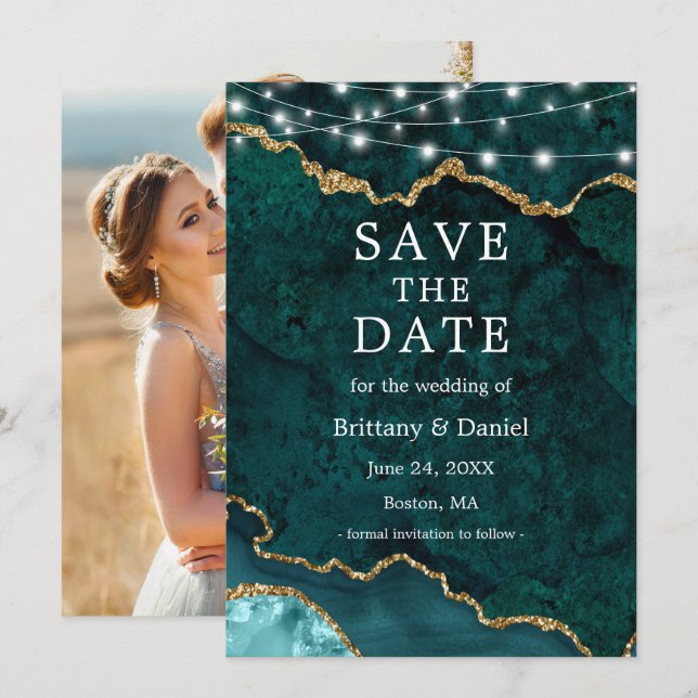 Reserva La Fecha Acuarela Verde azulada Marble Agate Geode Luces Fo (Anverso / Reverso)