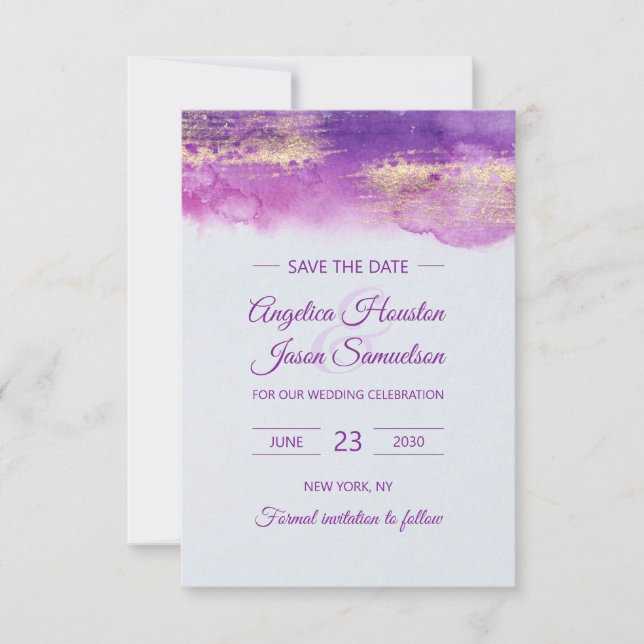 Reserva La Fecha Acuarela Violeta Lila Malva Lavanda GUARDAR FECHA (Anverso)