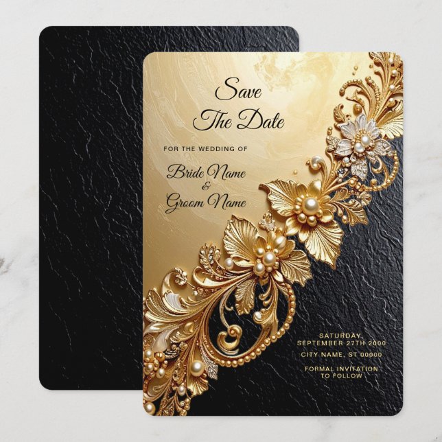 Reserva La Fecha Adornos Florales Dorados Save The Date (Anverso / Reverso)