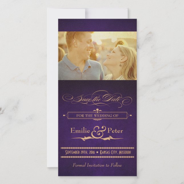 Reserva La Fecha Afiche de época berenjena morado Guardar la fecha (Anverso)