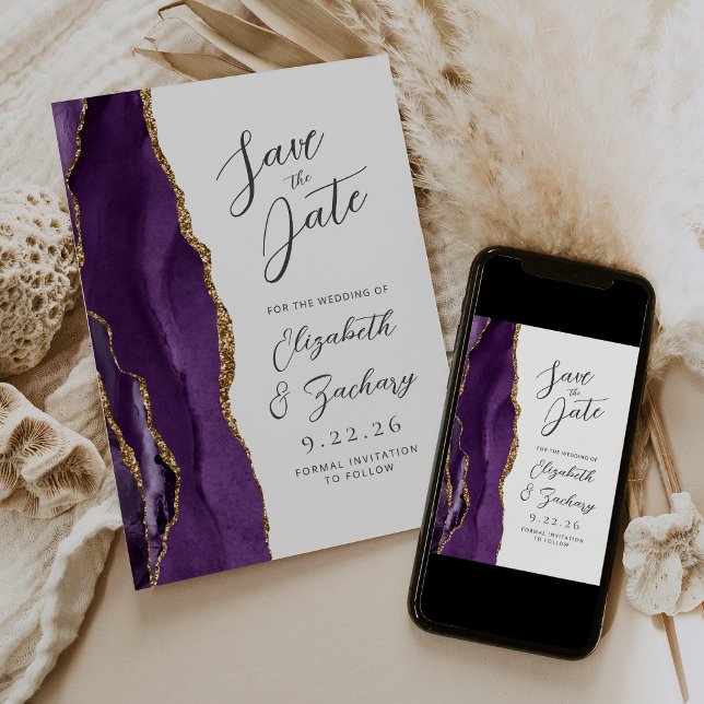Reserva La Fecha Agate Morado Oro Ciruela Moderno Script Bodas (Subido por el creador)