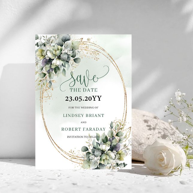 Reserva La Fecha Aguamarina Verde Salvia Follaje Guardar La Fecha (Watercolor Sage Green Foliage Save The Date)