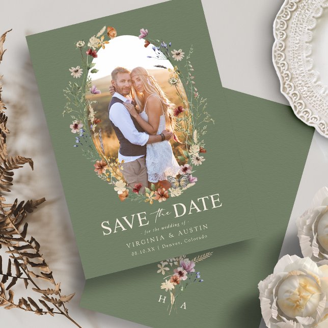 Reserva La Fecha Ahorra la Fecha Floral Boho Verde (Watercolor Sage Green Boho Floral Save The Date Monogram by Painted Paperie
)